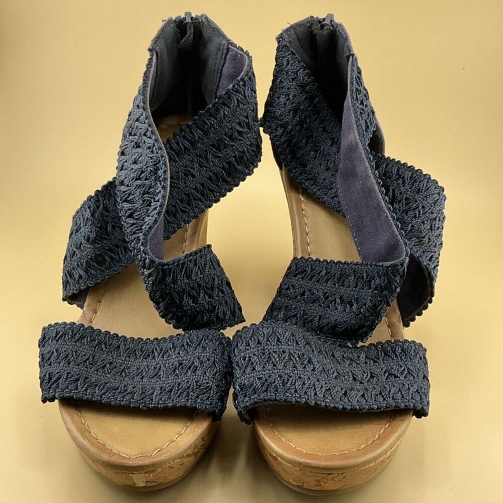 Dept 222 Women's Size 7 Vegan Navy Blue Stretch Wedge Sandals Cork Heel Back Zip
